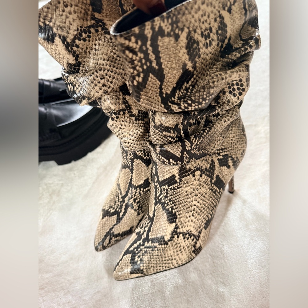 SCHUTZ Beige and Black Snake Pattern Heeled Boots